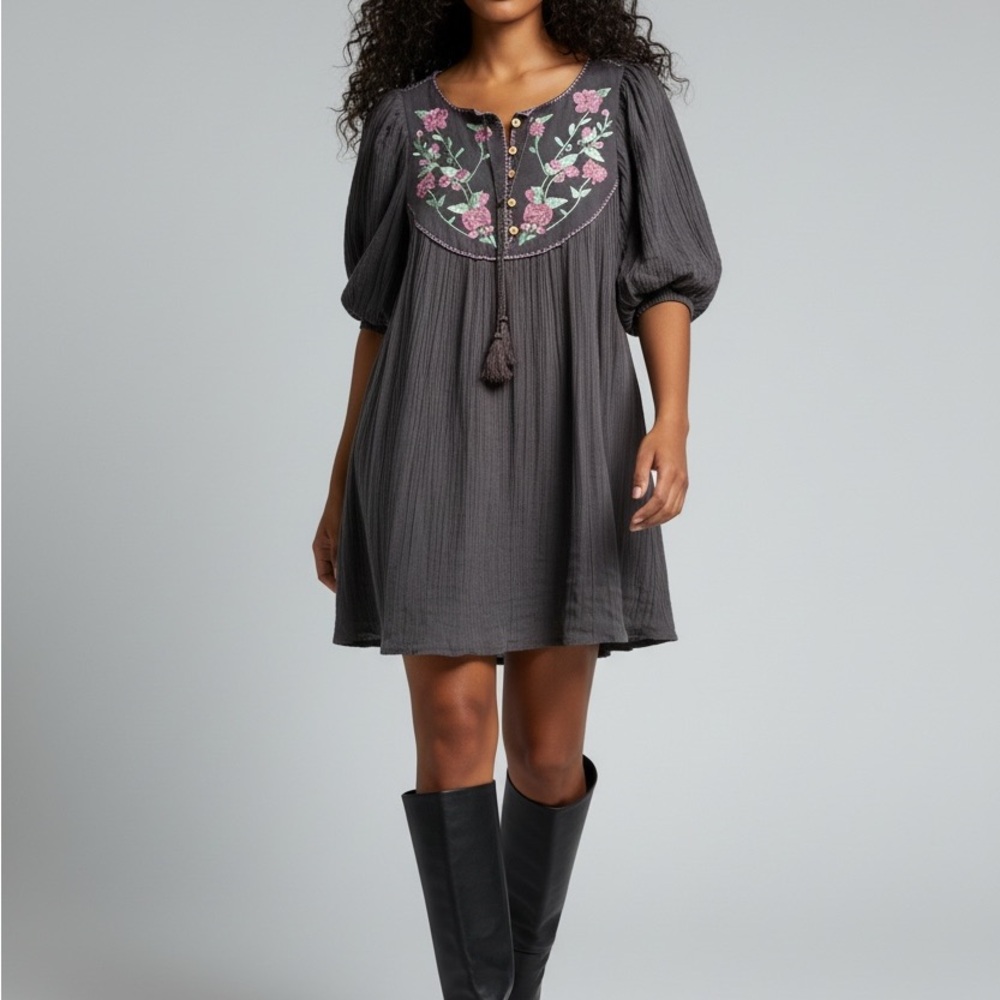 Free People - Dark Purple/Grey Dress with Floral Embroidery